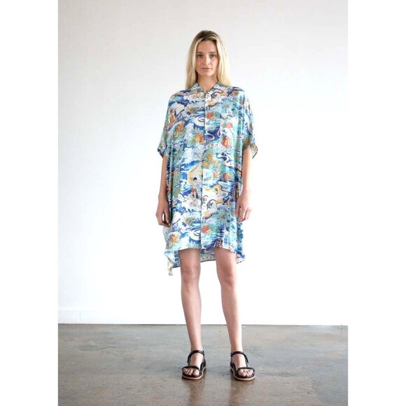 R13 Blue Hawaiian Beach Aloha Oversize Button Up Shirt Dress Japan sz Small /417 - Picture 5 of 12